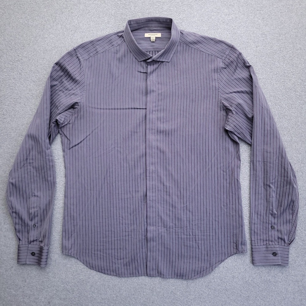 Burberry London Dress Shirt 16.5 36 Large Gray Stripe Hidden Button Mens